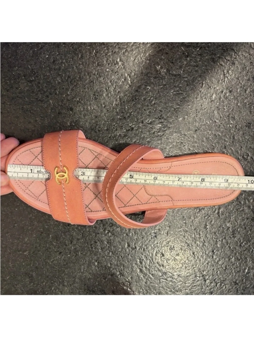 Chanel 38.5 cc logo baby pink quilted leather flat sandals strappy